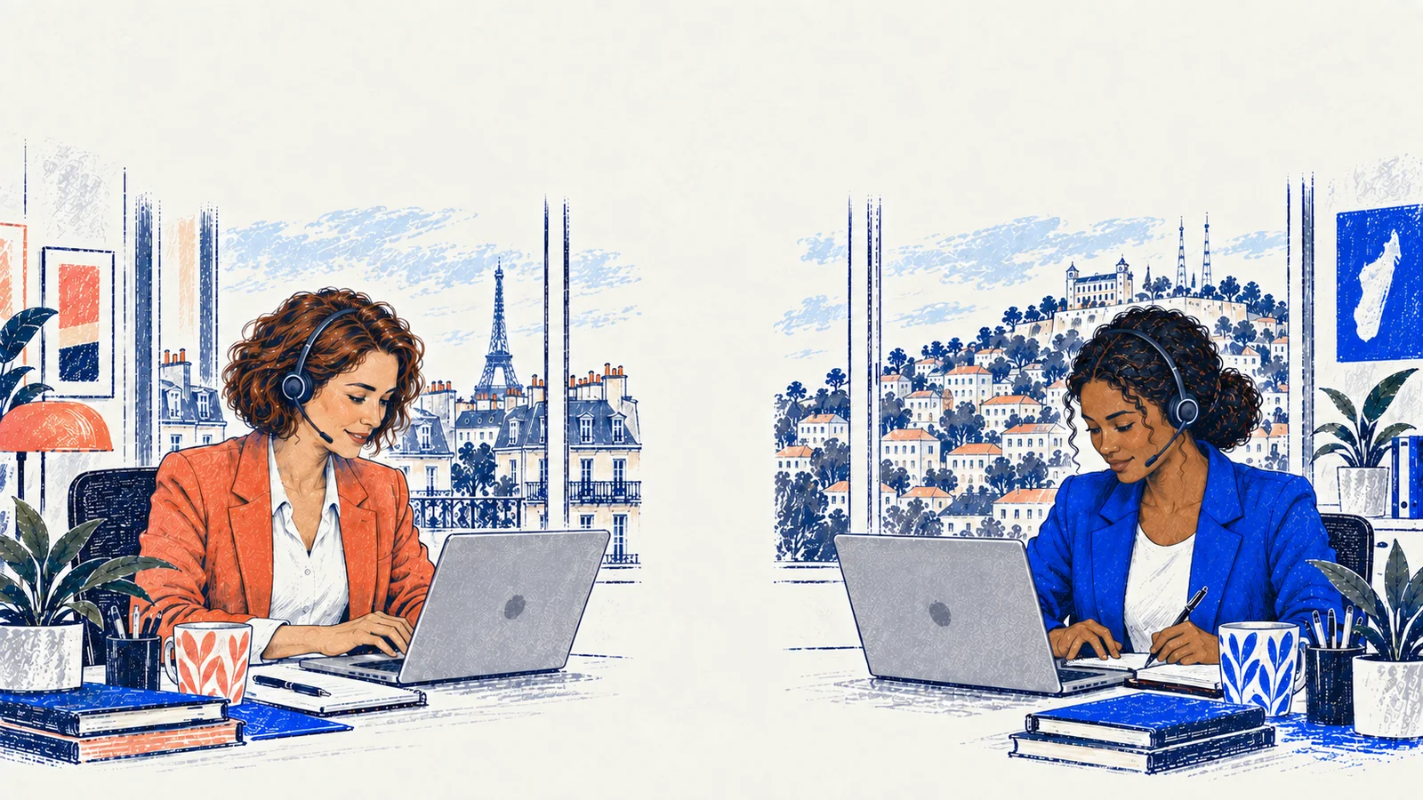 Claire, responsable d’équipe en France, et Fara, assistante commerciale à Madagascar, collaborent à distance depuis deux bureaux distincts