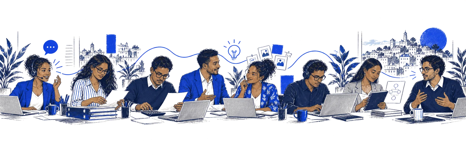 Illustration d’une diversité de professionnels malgaches dans les métiers du support, de la gestion, de la vente, du marketing et du web